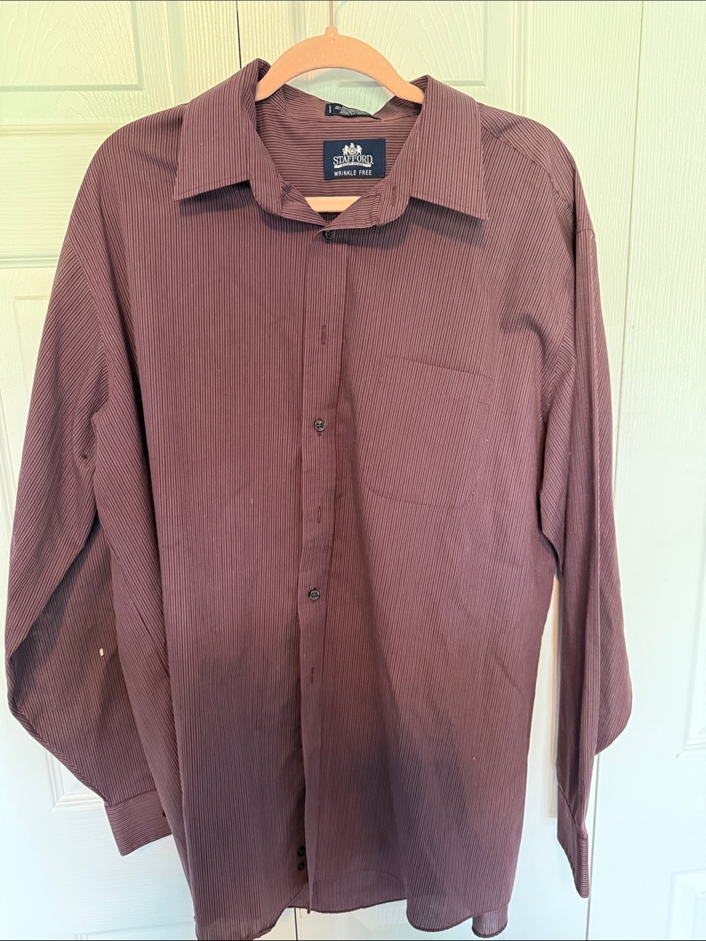 Stafford Men's Maroon Pinstripe Long-Sleeve Dress Shirt